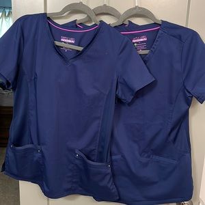THREE navy scrub tops YOGA purple label healing hands.